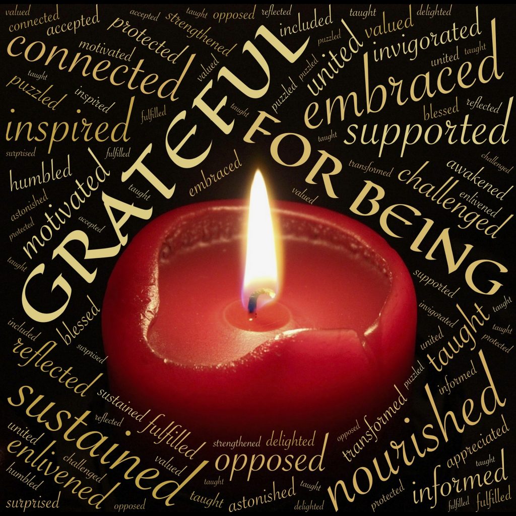 Bild einer Kerze mit Text Dankbarkeit